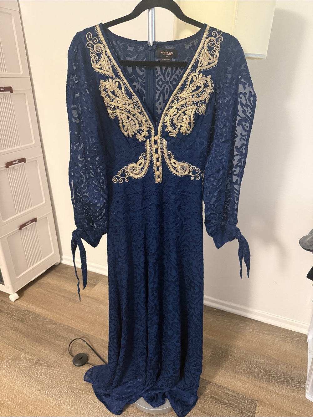 Nasty Gal Navy Lace Maxi Dress with Gold Embroidery
